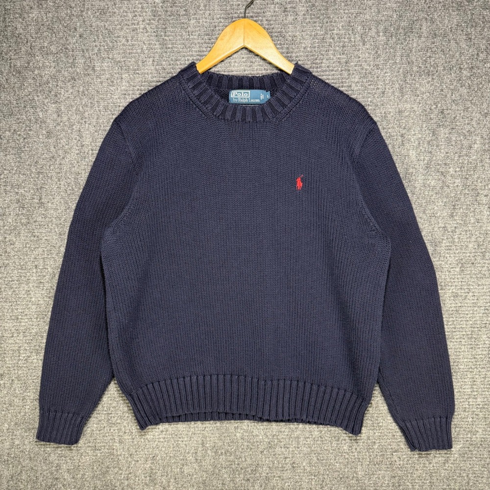 Polo Ralph Lauren Mens Navy Blue Cotton Knit Crewneck Sweater Red Pony Logo L
